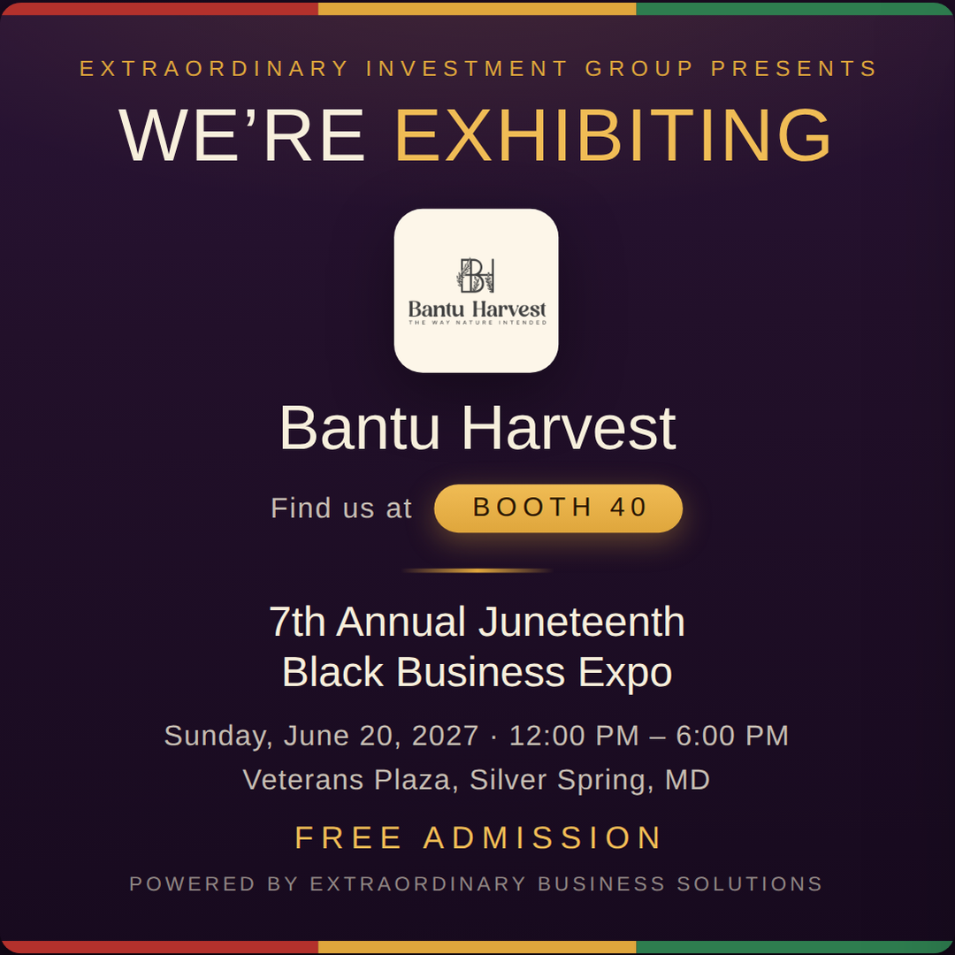 Square social post graphic announcing Bantu Harvest at Booth 40