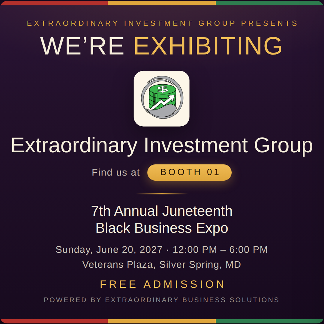 Square social post graphic announcing Extraordinary Investment Group at Booth 01