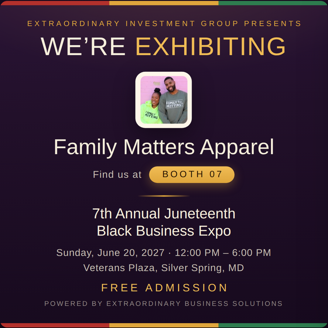 Square social post graphic announcing Family Matters Apparel at Booth 07