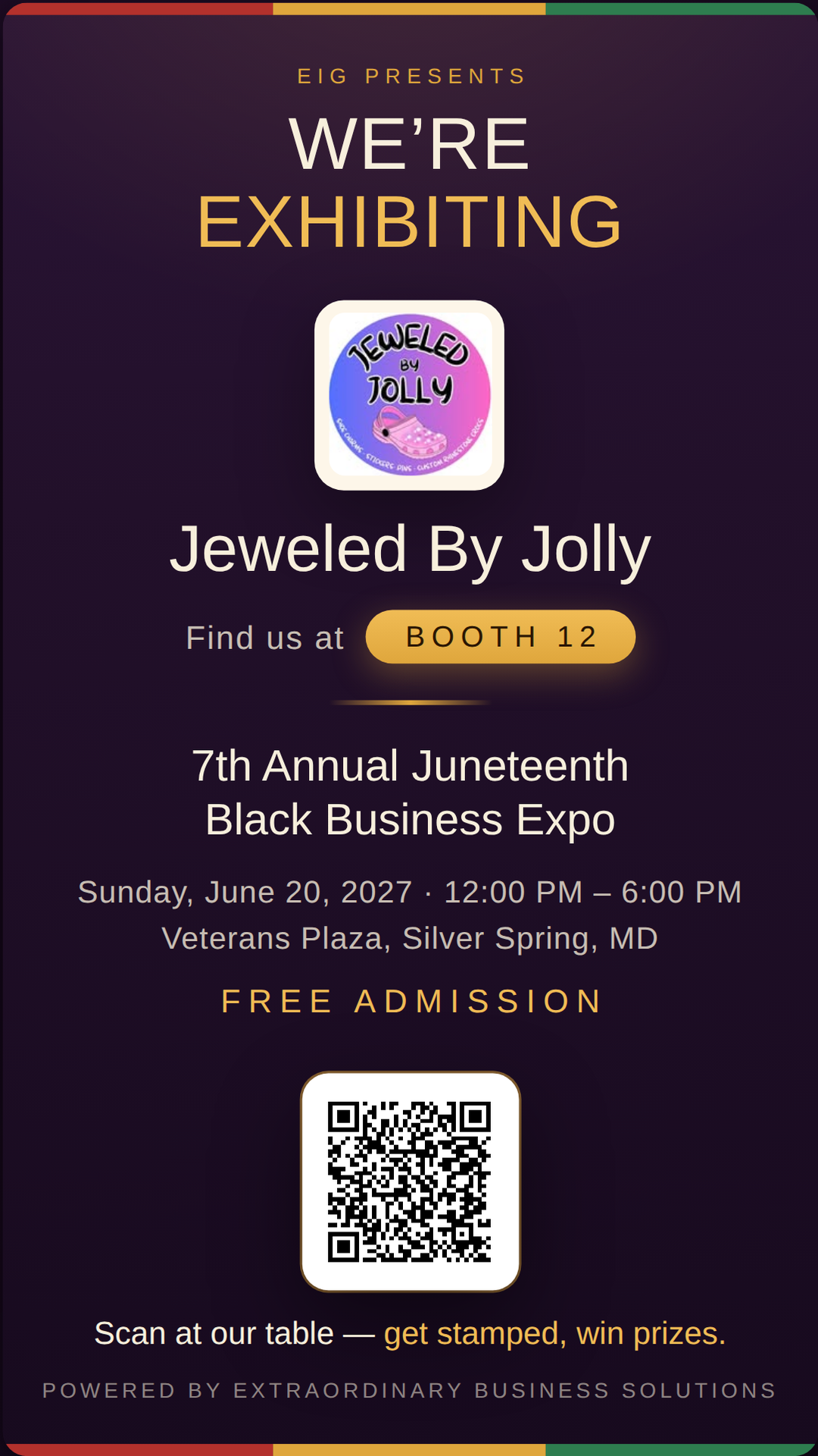 Vertical story graphic announcing Jeweled By Jolly at Booth 12