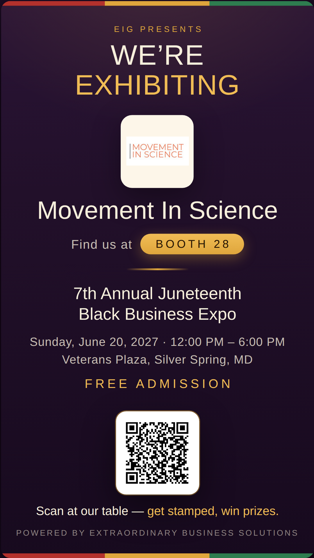 Vertical story graphic announcing Movement In Science at Booth 28