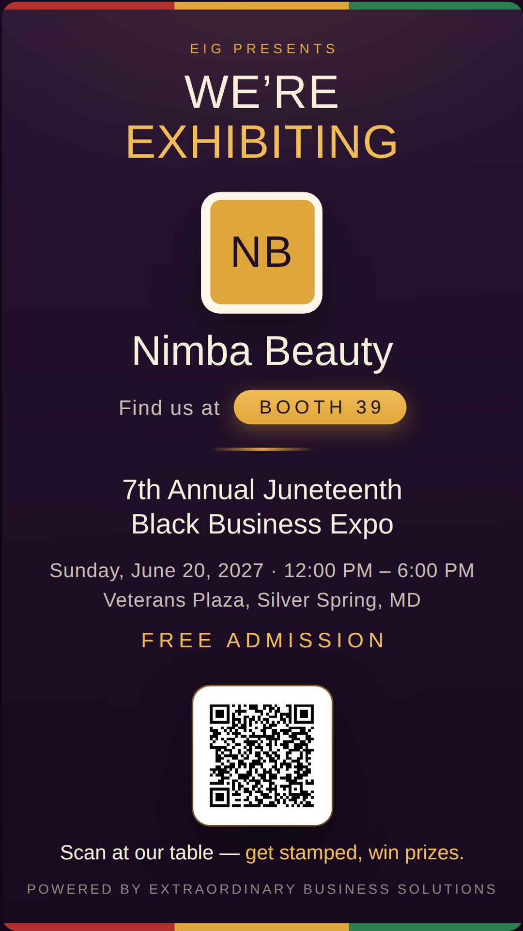 Vertical story graphic announcing Nimba Beauty at Booth 39