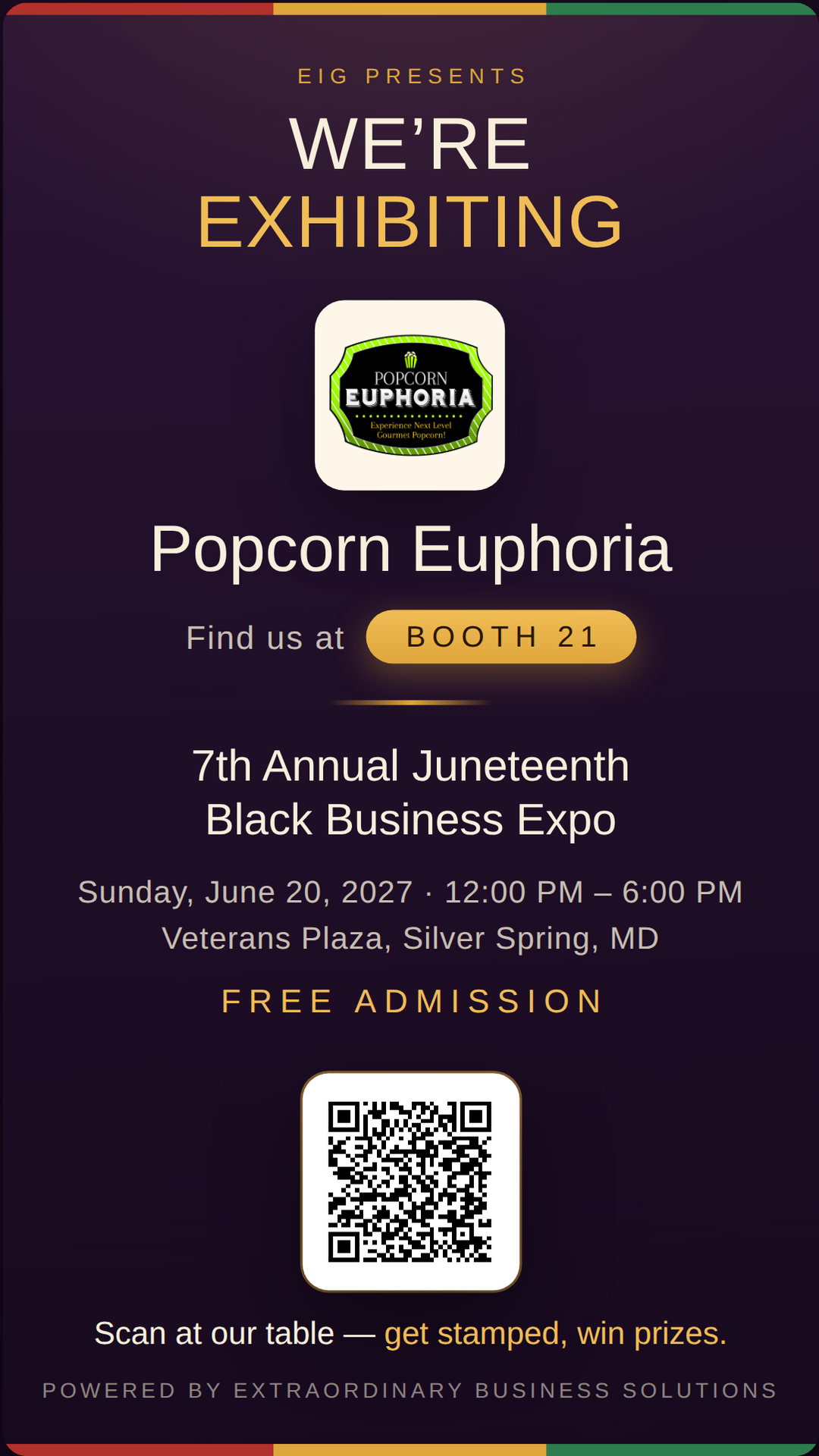 Vertical story graphic announcing Popcorn Euphoria at Booth 21
