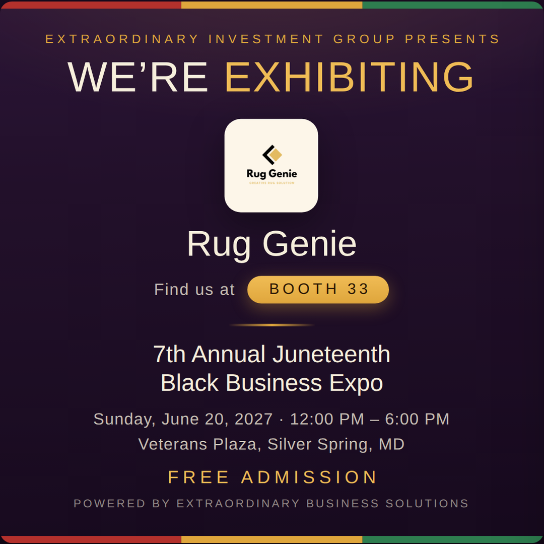 Square social post graphic announcing Rug Genie at Booth 33