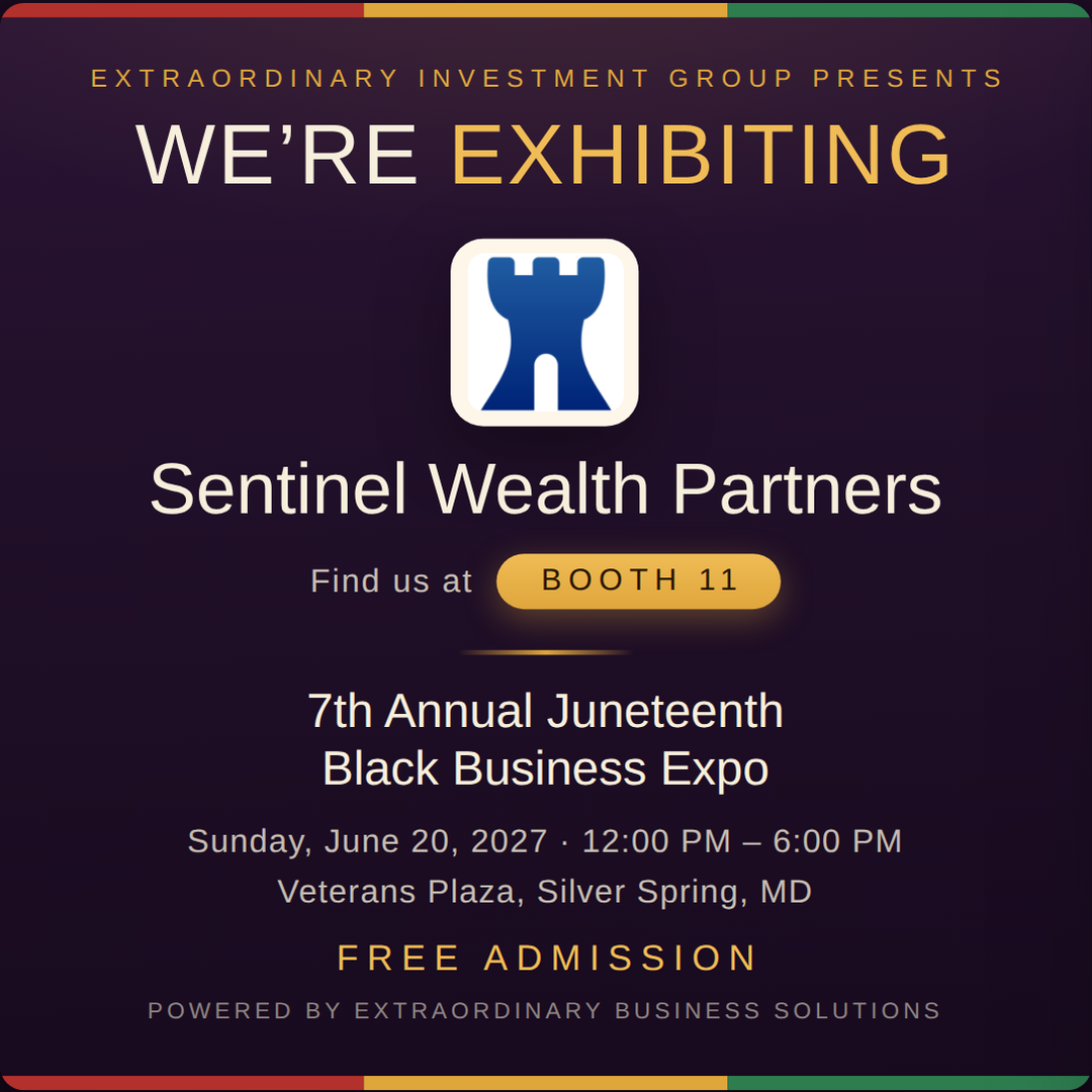 Square social post graphic announcing Sentinel Wealth Partners at Booth 11