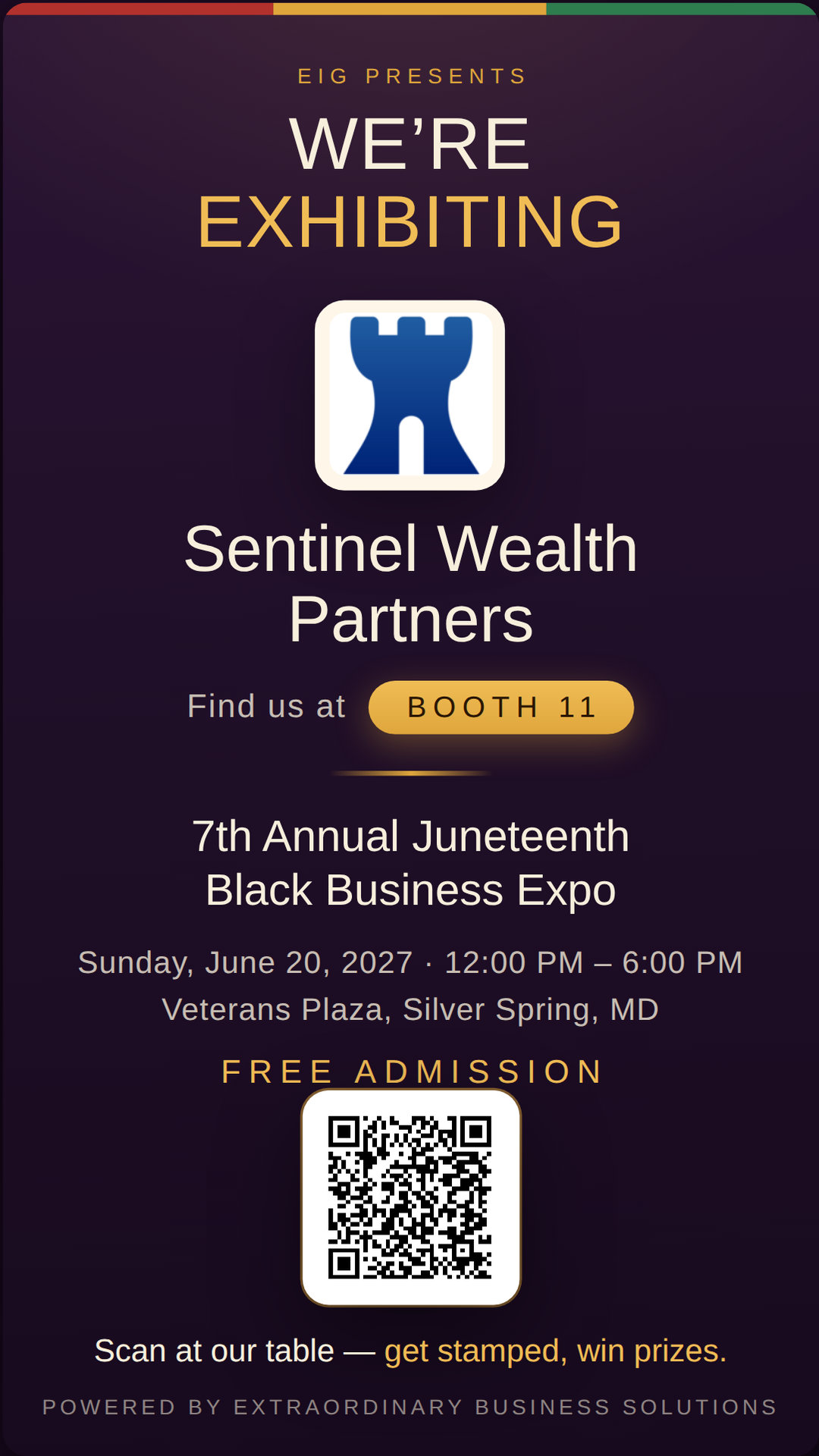 Vertical story graphic announcing Sentinel Wealth Partners at Booth 11