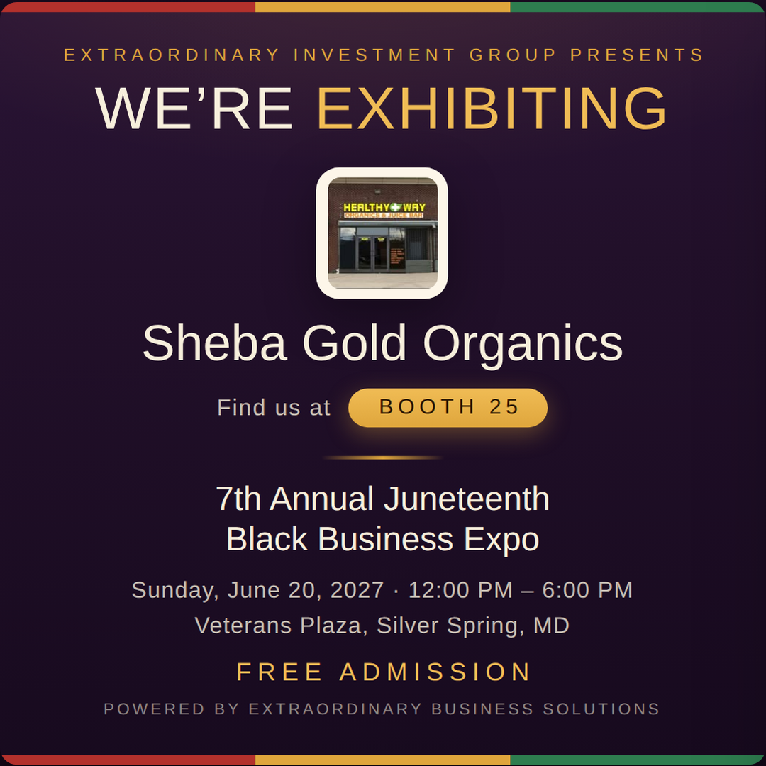 Square social post graphic announcing Sheba Gold Organics at Booth 25