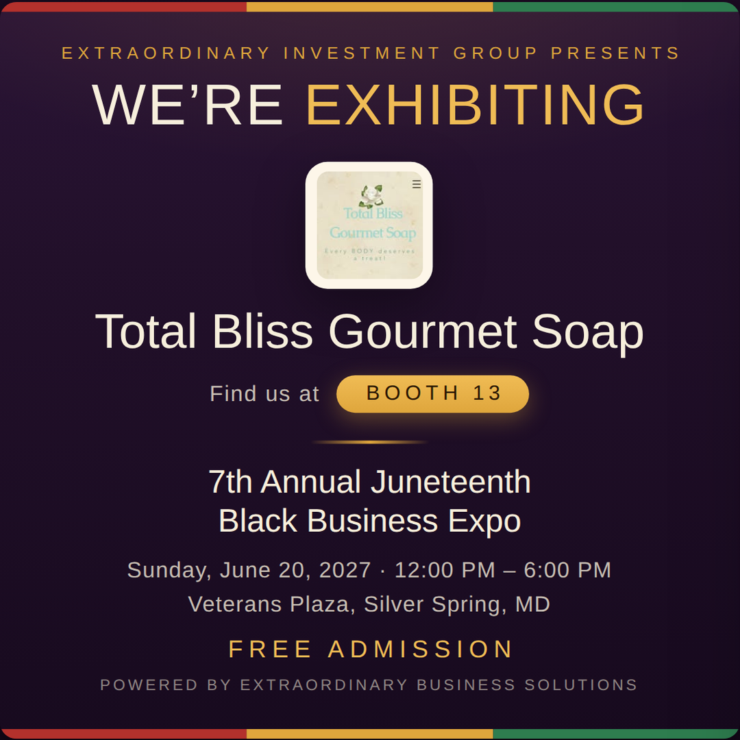 Square social post graphic announcing Total Bliss Gourmet Soap at Booth 13