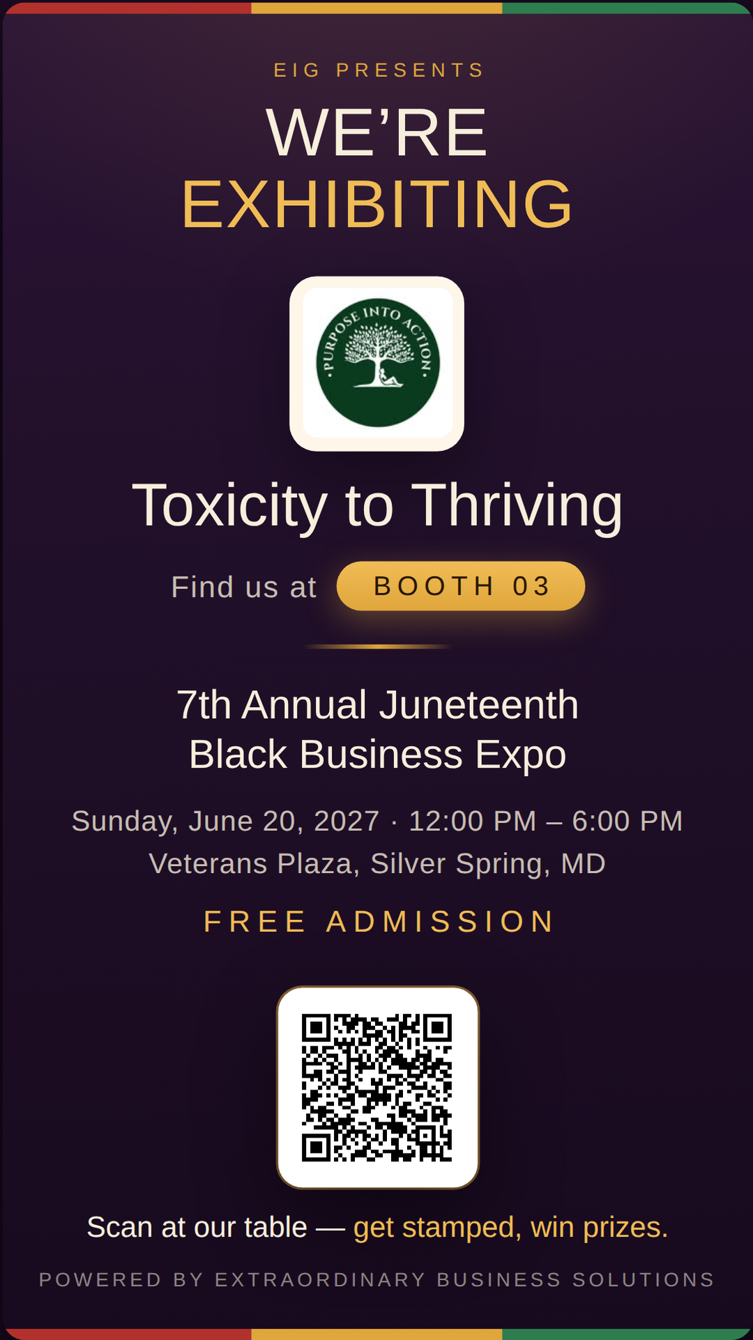 Vertical story graphic announcing Toxicity to Thriving at Booth 03